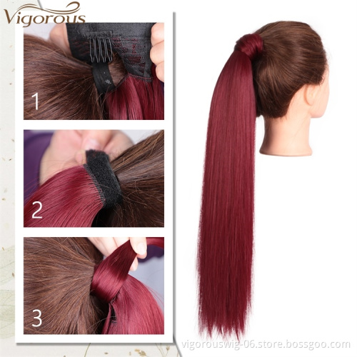 Vigorous Cheap Synthetic Hairpiece for Women Long Straight Red Drawstring Ponytail  Clip in Ponytail Extension Heat Resistant